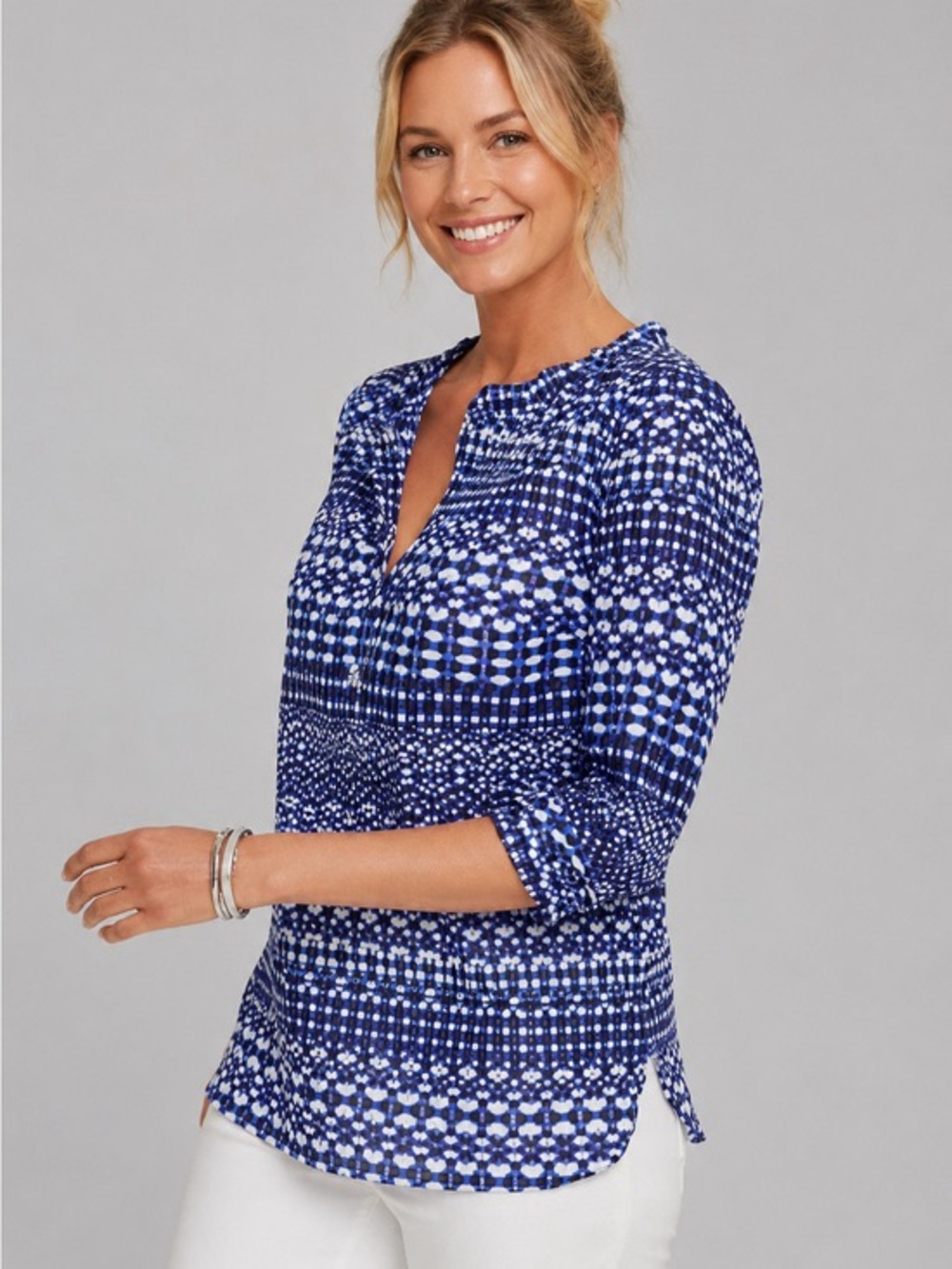 Talbots Plus Petite Pleated Ruffle Popover Blouse Top Shibori Geo Sz 3XP